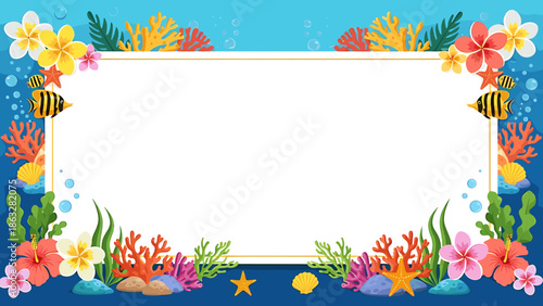 A vibrant underwater scene with coral, fish, starfish, flowers, and seaweed framing a blank white rectangle.