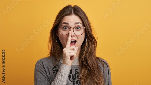 Woman Expresses Surprise While Making a Shushing Gesture Against a Bright Yel...