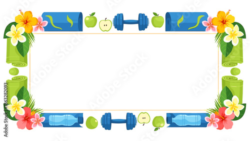 A decorative frame featuring yoga mats, dumbbells, apples, and hibiscus flowers, suitable for health or fitness themes.