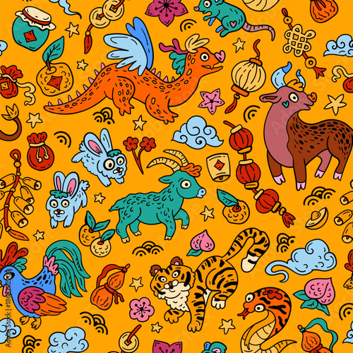 Animals of the Chinese zodiac. Seamless pattern with Eastern astrology. Bright doodle backdrop for teenagers and small children. Funny zodiac sign. Symbols of prosperity for the New Year