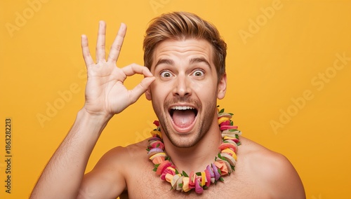Young Man With a Flower Necklace Making a Gesture on a Bright Background