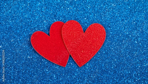 Two Red Heart Shapes on a Blue Glitter Background in a Simple Design