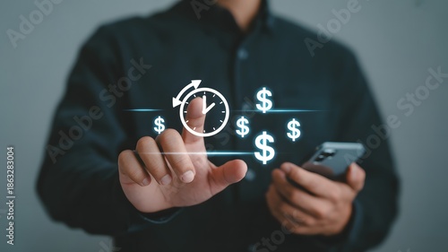 Time is money or time management concept, businessman touching clock and money icon on virtual screen for business time management. work planning increases efficiency and reduces work time.