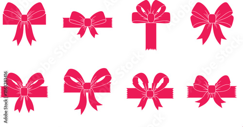 Set of 8 pink ribbon bows vector icons silhouttee on transparent background AI Generative