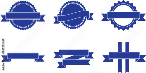 Set of 6 blue vector ribbons and labels silhouttee on transparent background AI Generative