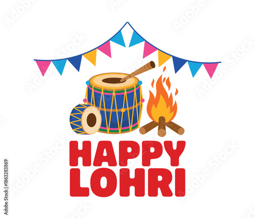Happy Lohri celebration with dhol drums bonfire and colorful bunting flags punjabi festival.