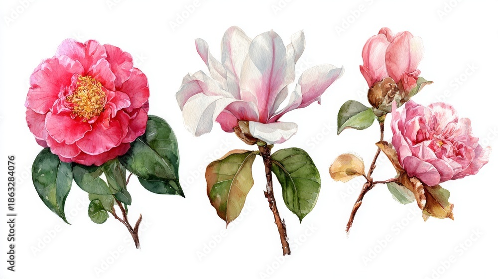 Obraz premium Watercolor Floral Illustration Set Featuring Hand-Painted Pink, Red, and White Flowers with Green Leaves on White Background for Botanical Design