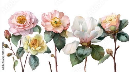 Watercolor Floral Illustration Set Featuring Hand-Painted Pink, Red, and White Flowers with Green Leaves on White Background for Botanical Design