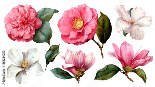 Watercolor Floral Illustration Set Featuring Hand-Painted Pink, Red, and White Flowers with Green Leaves on White Background for Botanical Design