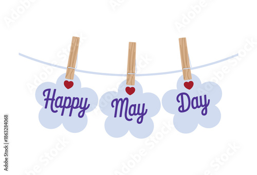 Three light blue cloud shapes with purple text saying Happy May Day hanging on a clothesline.