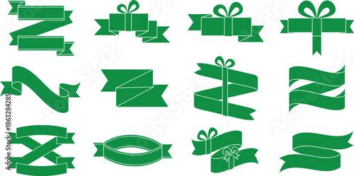 Set of 12 green ribbon banners vector silhouttee on transparent background AI Generative