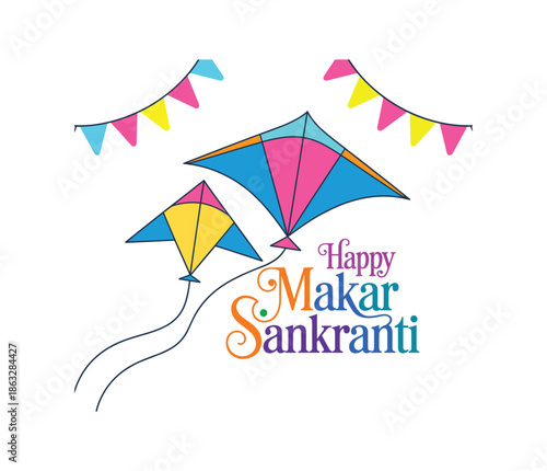 Two colorful kites flying with festive bunting and Makar Sankranti festival.