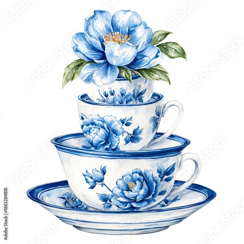 Watercolor illustration of stacked vintage blue and white porcelain teacups with blooming flowers, classic floral pottery design, isolated on white background.