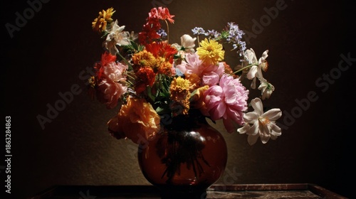 Classical Floral Still Life with Ornate Blue and White Vase Filled with Vibrant Roses, Dahlias, Carnations, Irises on Wooden Surface with Scattered Blossoms and Dark Background