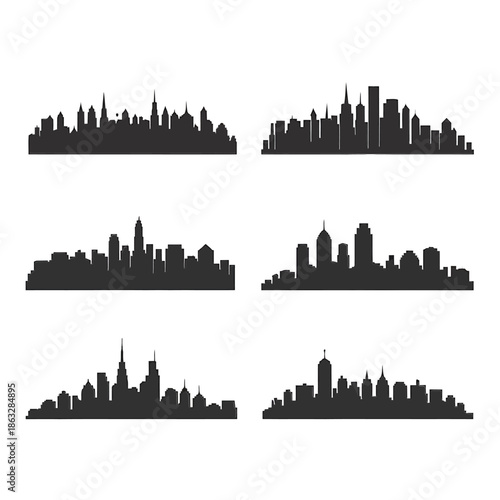 Silhouettes of urban skylines displaying the architecture of modern cities