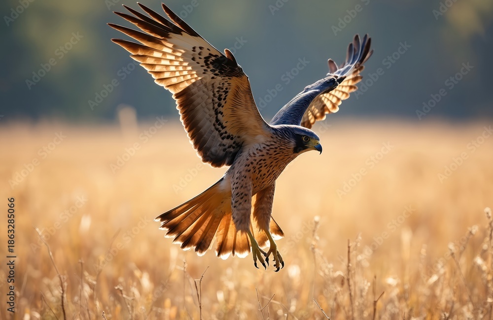Obraz premium Aplomado falcon descends with open wings over dry grass field at sunny day. Bird of prey hunts in wild nature. Wild falcon prepares for landing.