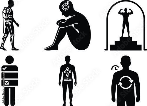 Biohacking Performance & Optimization Icons Bundle � Nutrition Control, Posture, Recovery Cycle, Sensory Optimization, Signal Alignment