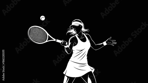 An active woman tennis player athlete silhouette holds a racket and ball while playing a competitive sports game for fitness and fun