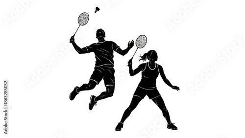 Black vector silhouettes of professional tennis players in action, featuring men and women athletes jumping and running during a sports competition game with a ball
