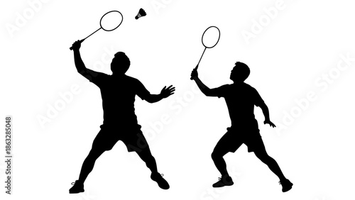 Black vector silhouette of a tennis player in action with a racket and ball during a competitive sports game illustration