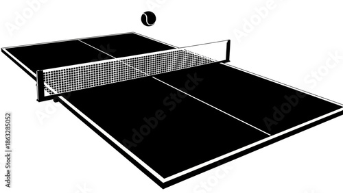 A black and white photo frame captures a lone ball and a net on an empty outdoor tennis court during a quiet moment of leisure and recreation