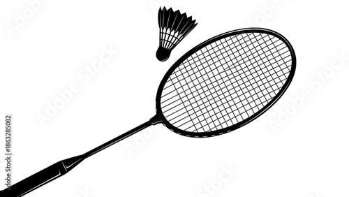 Professional badminton racket and white plastic shuttlecock equipment isolated on a blue court for sport game activity