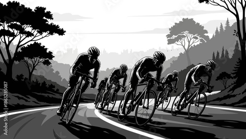 A family with a child and a woman on a bicycle travels along a road to the city past summer trees and grass under a sunset sky silhouette