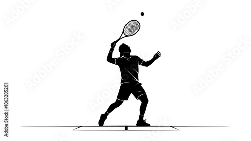 A black vector illustration of a professional tennis player silhouette in action with a racket and ball during a competitive sports match