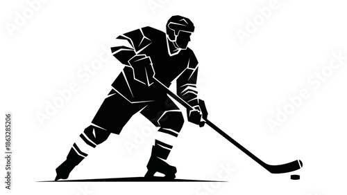 A black vector illustration shows an active ice hockey player silhouette in a high-speed winter sports action pose using a stick during a competitive team game competition