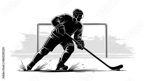 A black vector illustration shows an active hockey player silhouette in a high speed action game, featuring a team athlete with a stick competing on winter ice