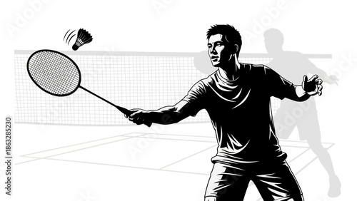 A dynamic vector illustration featuring the silhouette of an athletic tennis player with a racket and ball in a high-action sports competition game