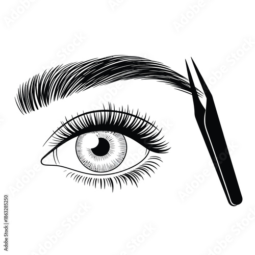 Detailed illustration of an eye with tweezers applying false eyelashes
