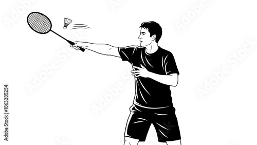 A man in athletic wear is shown in a black and white illustration, mid-swing with a badminton racket, about to hit a shuttlecock.