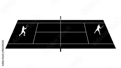 A black and white graphic illustration of a tennis court with two player silhouettes, viewed from an elevated perspective.