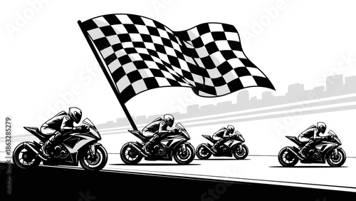 Dynamic black and white illustration of a motorcycle race with riders speeding past a large checkered flag on a track.