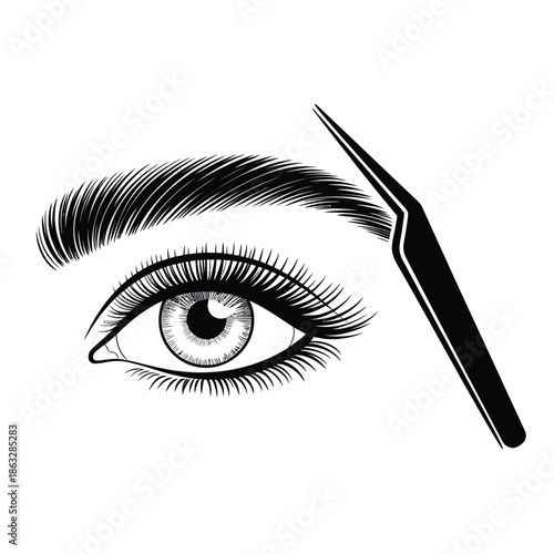 Detailed illustration of an eye with long lashes being groomed with tweezers