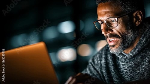 Mature man with glasses working on laptop in low light office