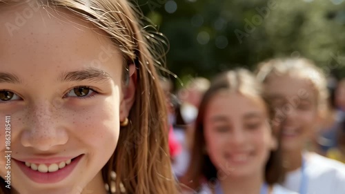 Smiling freckled girl outdoor portrait in natural light