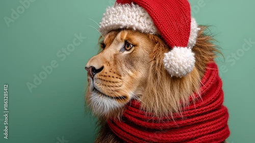 Lion wearing Santa hat and scarf studio portrait