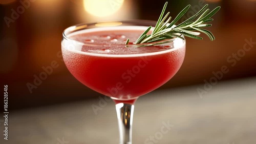 Red cocktail with rosemary garnish in elegant bar setting