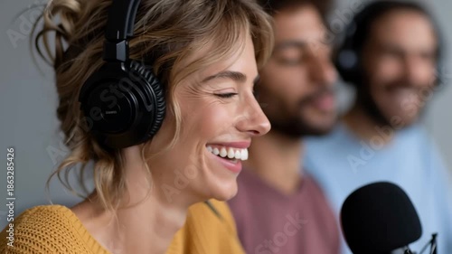 Happy woman wearing headphones recording podcast with team