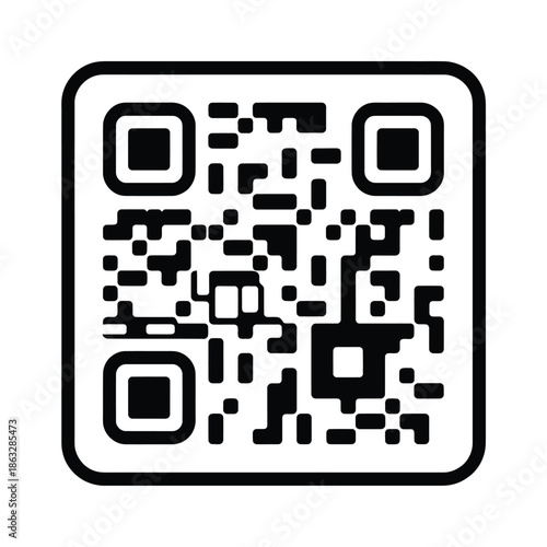 A simple black and white square qr code with rounded corners shown
