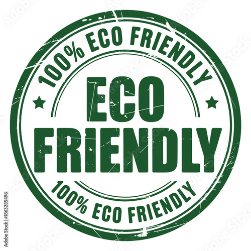 A circular eco friendly stamp with bold green text and distressed texture