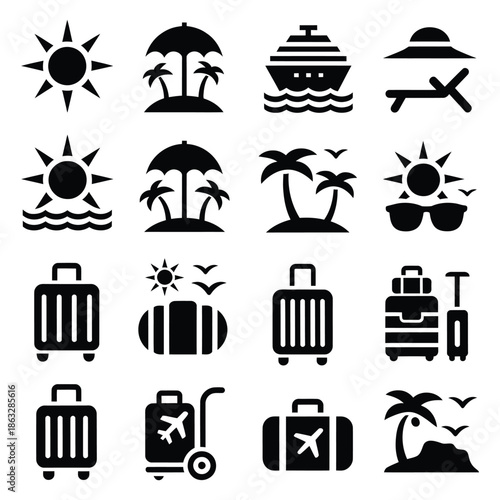 Black and white icons depicting summer vacation and tropical travel themes