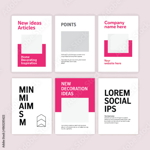 Minimalist brochure layouts with pink accents and space for content