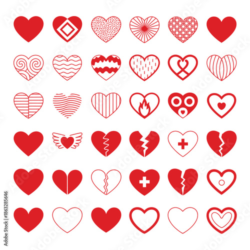 Collection of diverse red heart shapes and designs on a white background