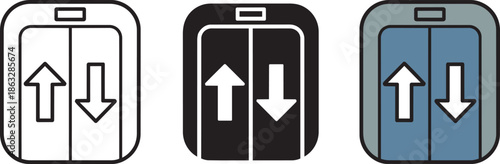 Elevator lift doors icon set with up and down arrows for transportation and building navigation