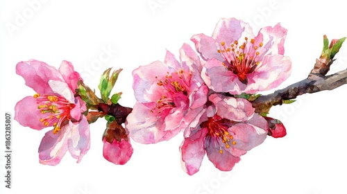 Watercolor blooming branch with vibrant pink flowers and green leaves on white background, artistic spring floral illustration for design use