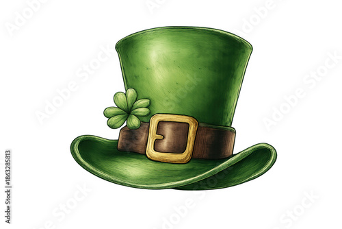 Green top hat with a shamrock and golden buckle on transparent background, symbolizing luck and irish traditions