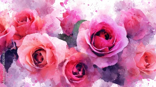 Watercolor painting of blooming pink and purple roses with artistic splashes and gradients on a dreamy white background for romantic design